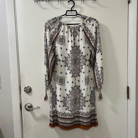 Lovestitch Womens Tribal Print LS Tassel Boho Gypsy Mini Shift Dress Size Medium - Picture 6 of 12